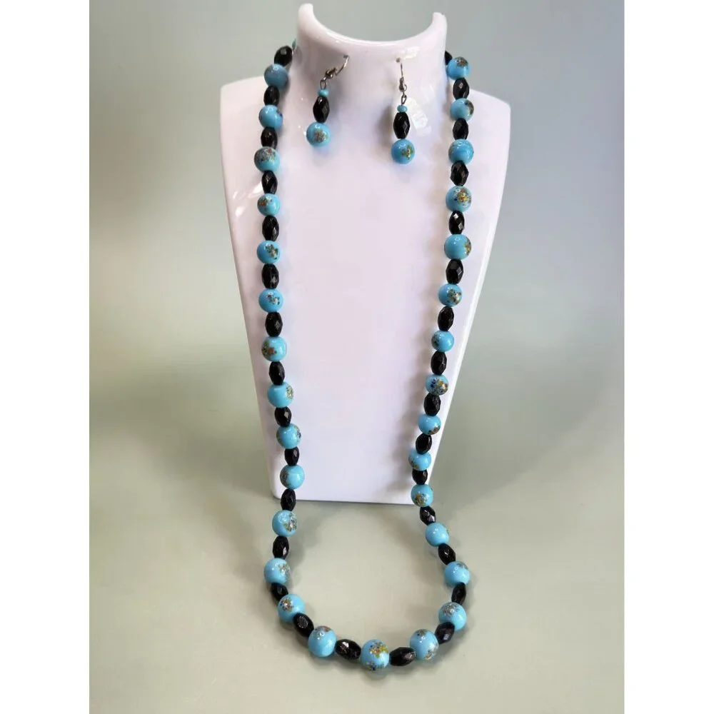 Blue & Black Glass Beads Hand-Painted Embossed Design Jewelry Set 24" - Picture 5 of 6